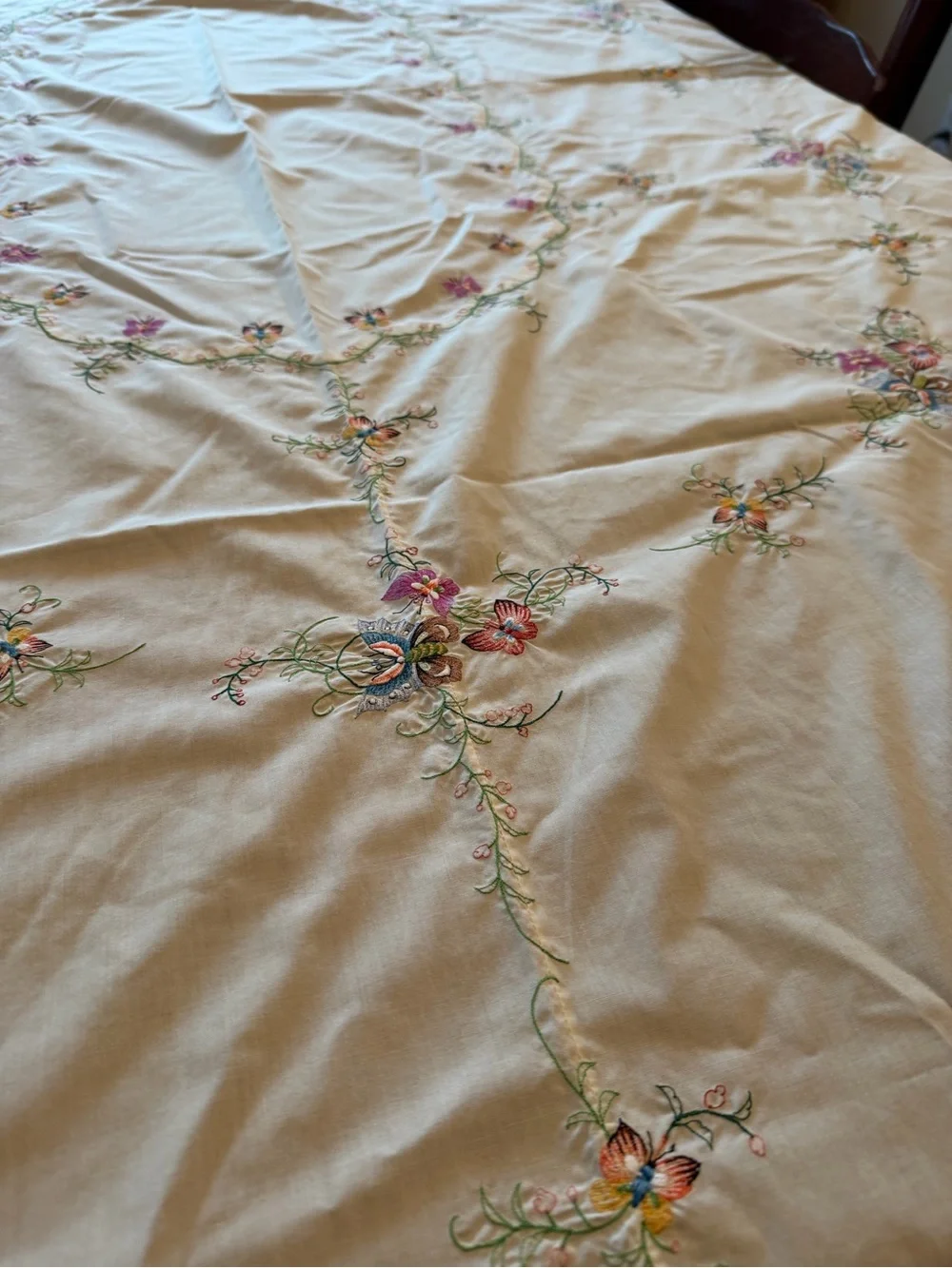 Vintage 79X64 Oval Embroidered Butterfly and Floral Tablecloth